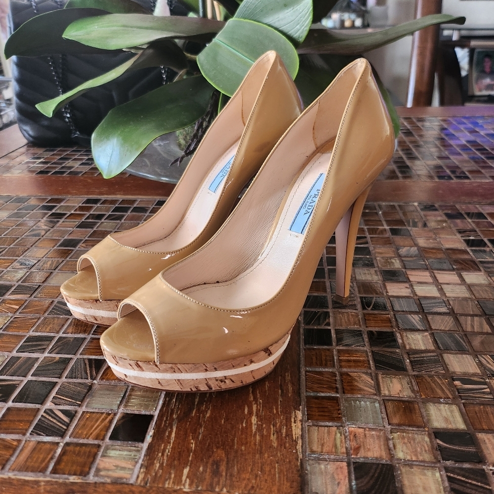 Prada Beige Patent Leather Peep Toe Platform Pumps Size 36.5
